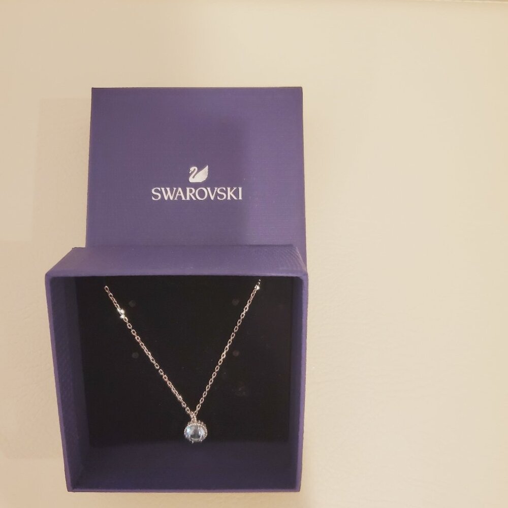 New Swarovski March Birthstone Aquamarine pendant and Necklace, Rhodium plated.